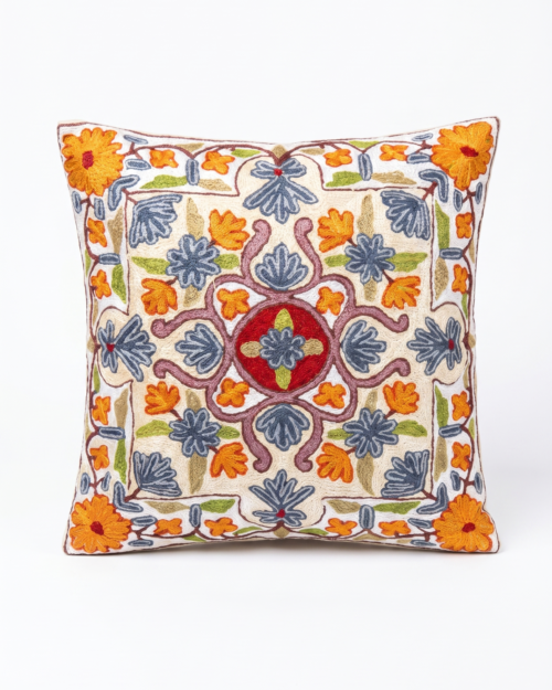 Hand Embroidered Chain Stich Art Silk Cushion Cover