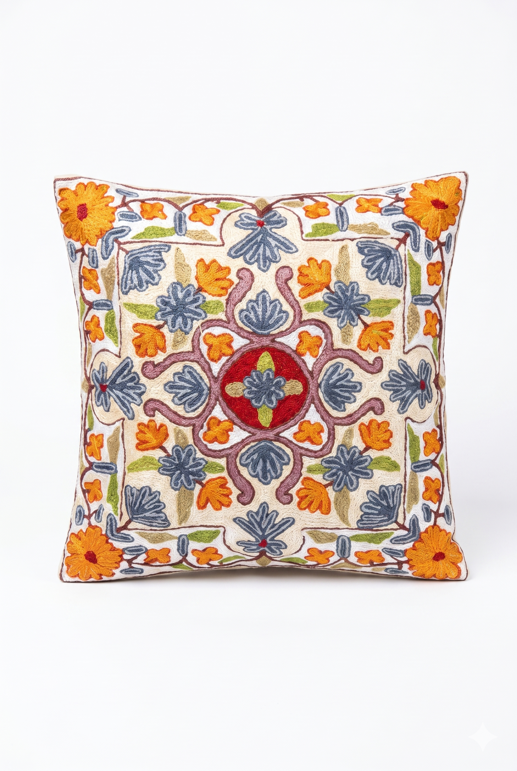 Hand Embroidered Chain Stich Art Silk Cushion Cover
