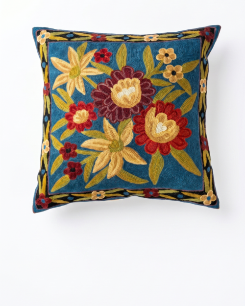 Hand Embroidered Chain Stich Woolen Cushion Cover