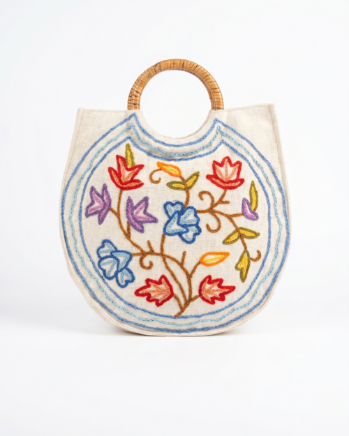 Hand Embroidered Crewel bag with Willow Handle