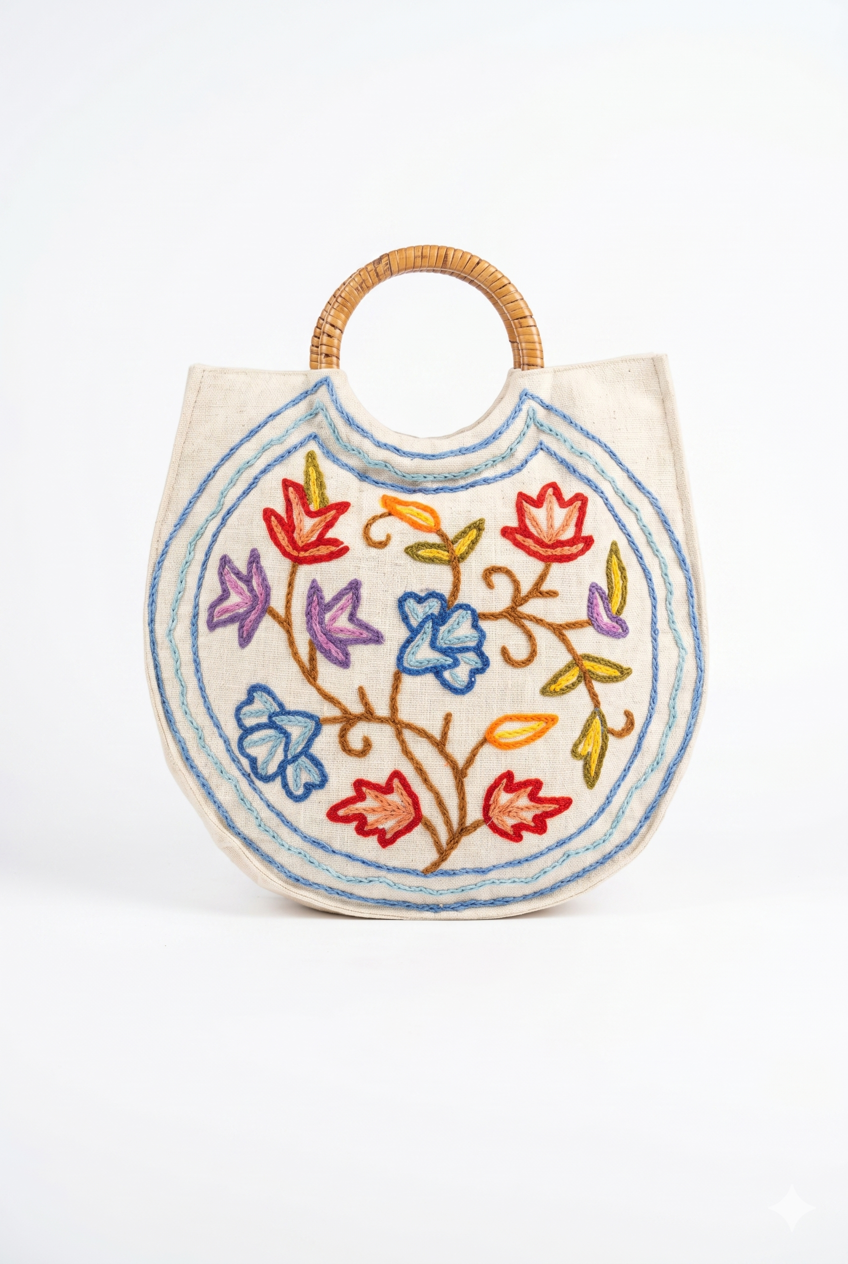 Hand Embroidered Crewel bag with Willow Handle